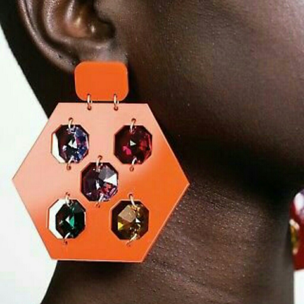 ORANGE acrylic & crystal earrings